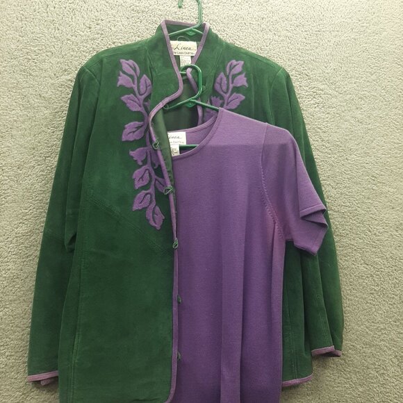 Vtg. Linea Louis Dell Olio Green Purple Suede Jacket Coat Mandarin Collar Large - Picture 1 of 8